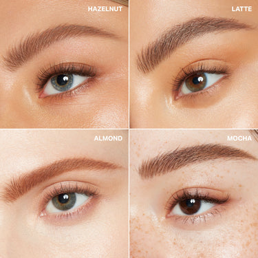 {Almond (warm brown)} Swatch of Morphe Micro Brow Dual-Ended Pencil and Spoolie in HAZELNUT, LATTE, ALMOND, and MOCHA on different eyebrows.