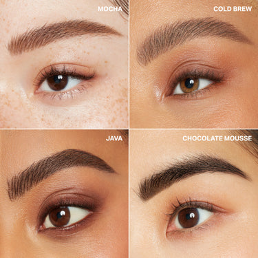 {Chocolate Mousse (soft black)} Micro Brow Dual-Ended Pencil & Spoolie on-brow results in four shades: MOCHA, COLD BREW, JAVA, CHOCOLATE MOUSSE.