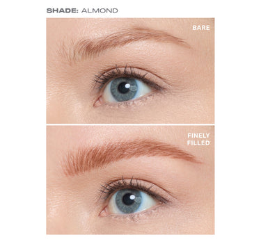 {Almond} Morphe Nano Brow Pencil before-and-after showing SHADE: ALMOND — BARE brow vs FINELY FILLED application.