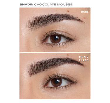 {Chocolate Mousse} Nano Brow Pencil before-and-after on model: "SHADE: CHOCOLATE MOUSSE" — BARE brow vs. FINELY FILLED brow closeup.