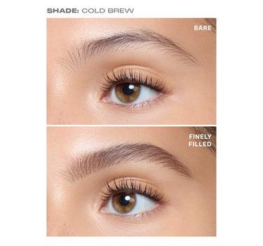 {Cold Brew} Before-and-after of Cold Brew Nano Brow Pencil on eyebrows; top labeled BARE, bottom FINELY FILLED — SHADE: COLD BREW.