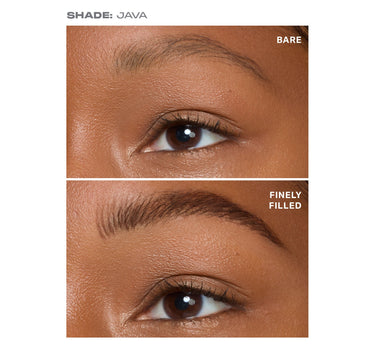 {Java} Split-screen before-and-after model shot showing Nano Brow Pencil in Java: top labeled BARE, bottom labeled FINELY FILLED with defined brows. SHADE: JAVA