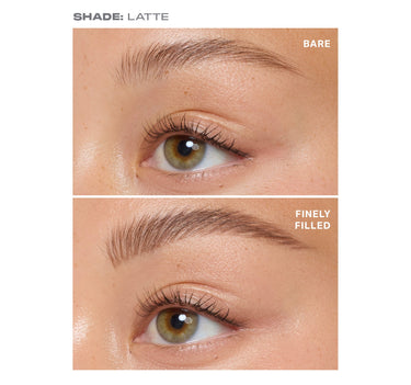 {Latte} Nano Brow Pencil shade Latte before-and-after showing BARE brow versus FINELY FILLED brow result.