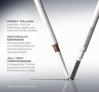 Morphe Nano Brow Pencil benefits graphic: FINELY FILLING — A pin-thin, .9mm tip effortlessly applies your most tiny hairlike strokes; NATURALLY DEFINING — Versatile hues glide on smoothly and blend with the spoolie for a seamless match; ALL–DAY PERFORMING — A longwearing* formula stays put for enhanced brows that won