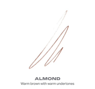 {Almond} Morphe Nano Brow Pencil color swatch in ALMOND — Warm brown with warm undertones, shown as diagonal strokes on white background.