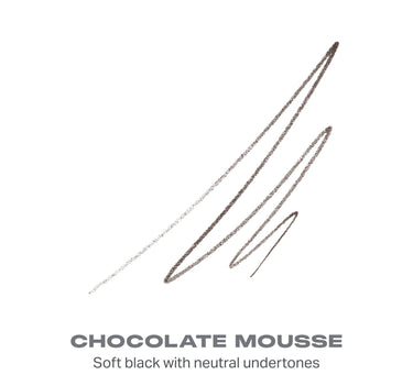 {Chocolate Mousse} Nano Brow Pencil swatch strokes labeled "CHOCOLATE MOUSSE — Soft black with neutral undertones."