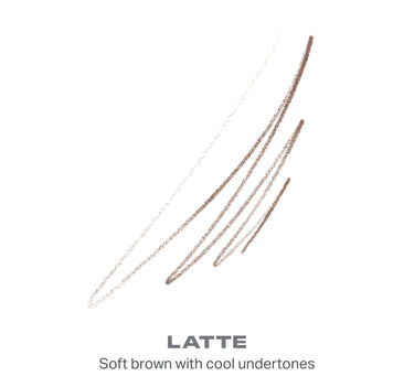 {Latte} Nano Brow Pencil shade swatch with gradient brown strokes; text reads LATTE — Soft brown with cool undertones.