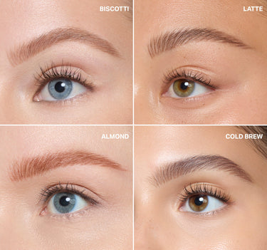 {Latte} Nano Brow Pencil shade grid showing BISCOTTI, LATTE, ALMOND, and COLD BREW applied to brows on diverse skin tones.