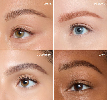 {Almond} Nano Brow Pencil macro grid showing shades LATTE, ALMOND, COLD BREW, and JAVA applied on brows across four skin tones.