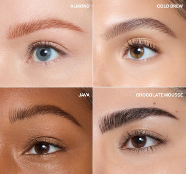 {Java} Nano Brow Pencil macro grid showing brow results on four models labeled ALMOND, COLD BREW, JAVA, and CHOCOLATE MOUSSE across diverse skin tones.