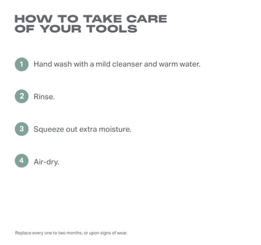 One Done Mini Sponge Duo care infographic: "HOW TO TAKE CARE OF YOUR TOOLS" — 1. Hand wash with a mild cleanser and warm water. 2. Rinse. 3. Squeeze out extra moisture. 4. Air-dry. Replace every one to two months, or upon signs of wear.