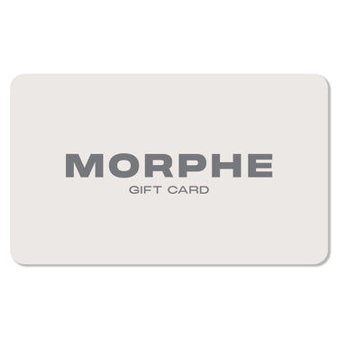 Morphe e-gift card: cream rounded rectangle with large gray MORPHE text and Gift Card label.