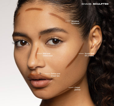 {Sculpted} Shapelifter Micro Contour Stick application guide showing SHADE: SCULPTED with callouts: Minimize forehead, Slim and refine nose, Define and shape lips, Sculpt and lift cheeks, Chisel jawline.