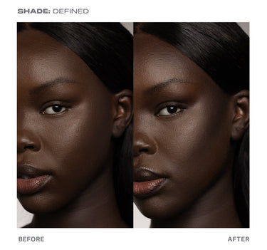 {Defined} SHADE: DEFINED before and after on model of Shapelifter Micro Contour Stick showing sculpted cheekbones and defined jawline; BEFORE AFTER.