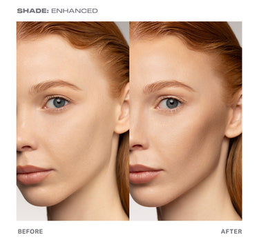 {Enhanced} Shapelifter Micro Contour Stick before-and-after side-by-side labeled SHADE: ENHANCED, BEFORE and AFTER, showing sculpted cheekbone and jaw definition on model.