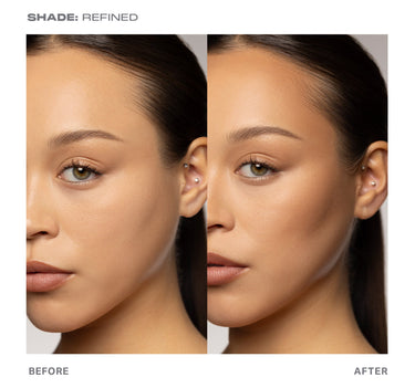 {Refined} SHADE: REFINED before and after showing the Shapelifter Micro Contour Stick sculpting enhanced cheekbone definition and facial contour.