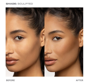 {Sculpted} SHADE: SCULPTED before-and-after model showing Shapelifter Micro Contour Stick contouring on cheekbones and jawline, BEFORE and AFTER.