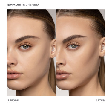 {Tapered} Before and after model showing Shapelifter Micro Contour Stick in shade Tapered with sculpted contouring, labeled SHADE: TAPERED, BEFORE and AFTER.