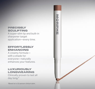 Morphe Shapelifter Micro Contour Stick benefits graphic: PRECISELY SCULPTING — super-slim tip and built-in sharpener; EFFORTLESSLY ENHANCING — creamy formula naturally enhances your features; LUXURIOUSLY LONGWEARING — clinically proven to last all day long.* *Based on a 32-person clinical claim.