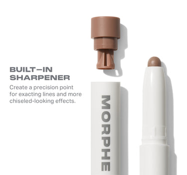 Morphe Shapelifter Micro Contour Stick feature callout: "BUILT-IN SHARPENER — Create a precision point for exacting lines and more chiseled-looking effects," showing cap with built-in sharpener detached from MORPHE-labeled stick alongside open stick.