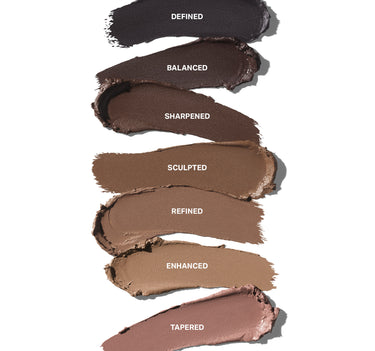 Shapelifter Micro Contour Stick shade smear swatches labeled DEFINED, BALANCED, SHARPENED, SCULPTED, REFINED, ENHANCED, and TAPERED.
