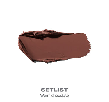{Setlist} Swatch of Morphe Solo Artist Priming Cream Eyeshadow labeled SETLIST Warm chocolate, displaying rich brown textured cream.