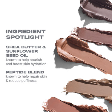 {Setlist} Solo Artist Priming Cream Eyeshadow ingredient spotlight infographic with warm-toned cream swatches: SHEA BUTTER & SUNFLOWER SEED OIL known to help nourish and boost skin hydration; PEPTIDE BLEND known to help repair skin & reduce puffiness.