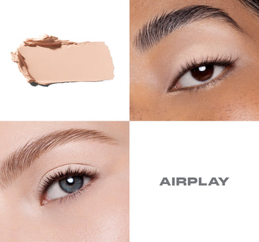 {Airplay} Solo Artist Priming Cream Eyeshadow shade AIRPLAY swatch alongside two on-eye macro shots showing the light nude finish on fair and medium skin tones.