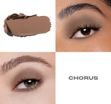 {Chorus} Solo Artist Priming Cream Eyeshadow swatch and model eye close-ups showing shade CHORUS, a warm tan matte cream eyeshadow worn on two models.