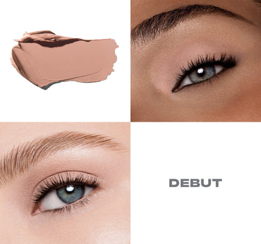 {Debut} Solo Artist Priming Cream Eyeshadow shade Debut shown as a nude cream swatch and worn on two skin tones with mascara, text reads DEBUT