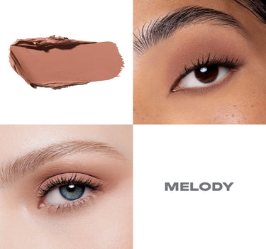 {Melody} Solo Artist Priming Cream Eyeshadow in Melody — warm nude cream swatch alongside close-up eye looks on two models, with shade name MELODY.