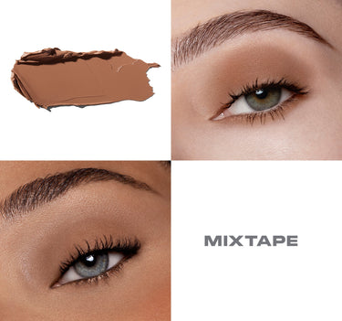 {Mixtape} Solo Artist Priming Cream Eyeshadow in Mixtape — warm bronze-brown cream swatch alongside two model eye close-ups showing the shade applied, with "MIXTAPE" text.