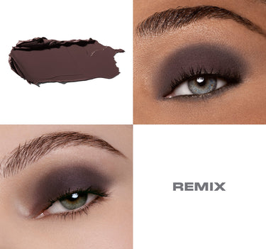 {Remix} Solo Artist Priming Cream Eyeshadow in REMIX: dark taupe cream swatch alongside two model eye close-ups with a deep smokey blended finish.