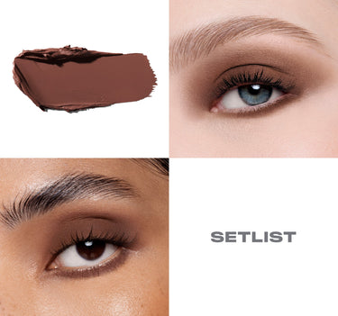 {Setlist} Solo Artist Priming Cream Eyeshadow shade Setlist shown as a rich brown cream swatch alongside two eye application close-ups labeled SETLIST.