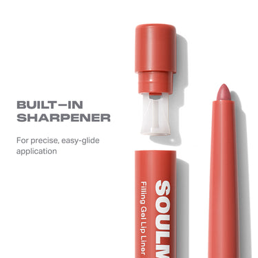 Soulmatte Filling Gel Lip Liner shown open with built-in sharpener cap removed; text reads BUILT-IN SHARPENER, For precise, easy-glide application.