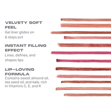 Soulmatte Filling Gel Lip Liner benefits infographic with ten shade swatches: VELVETY SOFT FEEL — Gel liner glides on & stays put; INSTANT FILLING EFFECT — Lines, defines, and shapes lips; LIP-LOVING FORMULA — Contains sweet almond oil, tea seed oil, and kale, rich in Vitamins C, E, and K.