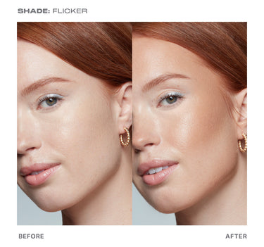 {Flicker} Sudden Heat Creamy Bronzer Stick shade FLICKER before-and-after on model showing warm bronze contour glow, labeled BEFORE and AFTER.