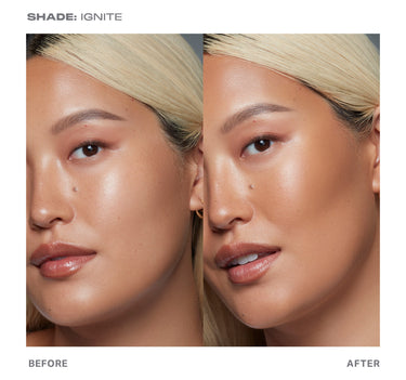 {Ignite} Before and after model showing Sudden Heat Creamy Bronzer Stick in shade Ignite — SHADE: IGNITE — with warm bronze contour effect on cheekbones and temples.