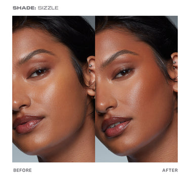 {Sizzle} SHADE: SIZZLE before and after showing Sudden Heat Creamy Bronzer Stick adding warm bronze contour to cheekbones and temples.