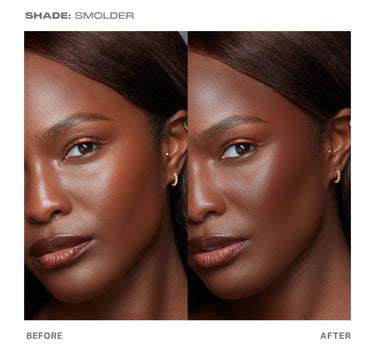 {Smolder} Before-and-after model comparison showing the Morphe Sudden Heat Creamy Bronzer Stick in Smolder shade, labeled "SHADE: SMOLDER" with bronzed, sculpted results.