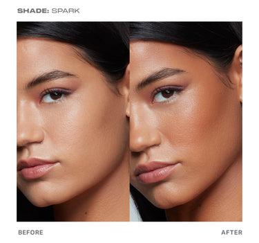 {Spark} Before and after model comparison showing Sudden Heat Creamy Bronzer Stick in SHADE: SPARK delivering a warm bronzed glow; BEFORE and AFTER.
