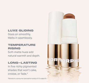 {Flicker} Two Morphe Sudden Heat Creamy Bronzer Sticks with gold MORPHE barrels; benefits: LUXE GLIDING Goes on smoothly. Melts in seamlessly. TEMPERATURE RISING Soft-matte hues add natural warmth and depth. LONG–LASTING In five richly pigmented shades that won