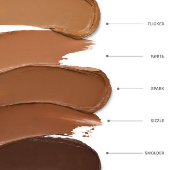 {Flicker} Sudden Heat Creamy Bronzer Stick shade swatches labeled FLICKER, IGNITE, SPARK, SIZZLE, SMOLDER from light to deep bronze.