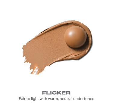 {Flicker} Swatch of Sudden Heat Creamy Bronzer Stick with spherical applicator; text reads "FLICKER — Fair to light with warm, neutral undertones." | Sudden Heat Creamy Bronzer Stick | Secondary image