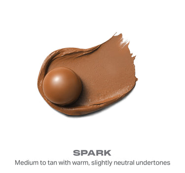 {Spark} Sudden Heat Creamy Bronzer Stick shade swatch and bullet tip reading "SPARK — Medium to tan with warm, slightly neutral undertones."