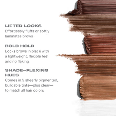 Supreme Brow Sculpting And Shaping Wax benefits infographic with three wax swatches: LIFTED LOOKS — Effortlessly fluffs or softly laminates brows; BOLD HOLD — Locks brows in place with a lightweight, flexible feel and no flaking; SHADE–FLEXING HUES — Comes in 5 sheerly pigmented, buildable tints—plus clear—to match all hair colors.
