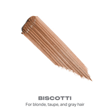 {Biscotti (light taupe)} Supreme Brow Sculpting And Shaping Wax swatch in Biscotti — warm taupe smear; text reads "BISCOTTI / For blonde, taupe, and gray hair"