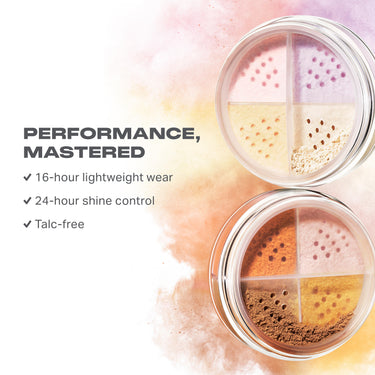 Morphe Bake & Set Quad loose setting powder quad in two shades — featuring 16-hour wear, 24-hour shine control, and talc-free formula.