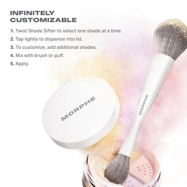 Morphe infinitely customizable Bake & Set  Loose setting powder quad with Shade Sifter lid, shown disassembled to reveal four color-correcting shades in yellow, pink, lavender, and peach. On-text instructions on how to use.