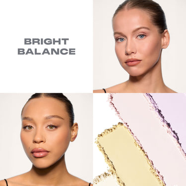 {Bright Balance}  Two women wearing Morphe Bake & Set Loose Powder Quad with different skin tones and a makeup product swatch labeled 